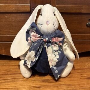 Vintag Bunny Rabbit Doll Blue Floral Bow Long Ears Easter Spring Decor Plush 14"